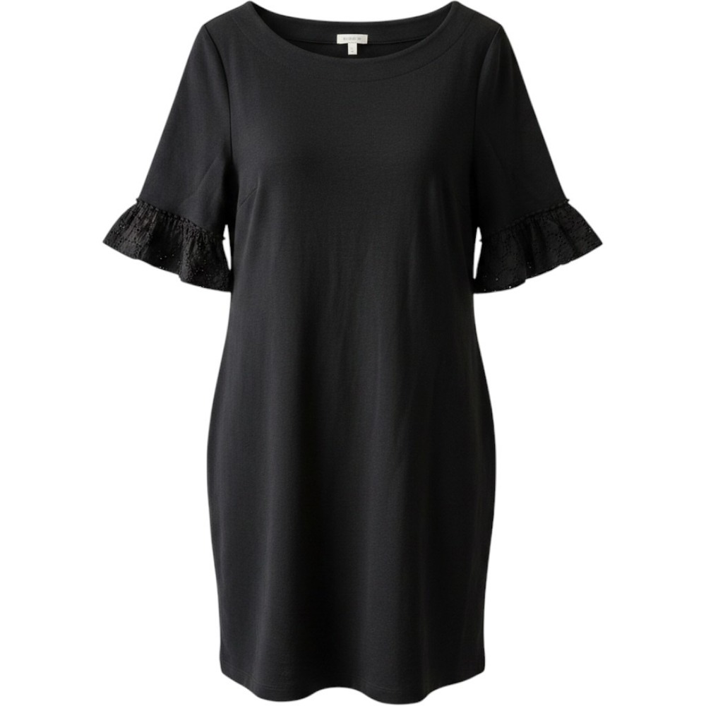 Talbots Womens XL Black Cotton Knit Shift Dress Eyelet Ruffle Sleeve Boat Neck